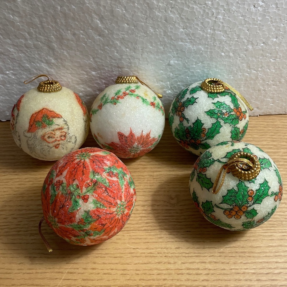 Vintage Styrofoam Christmas Balls Ornaments Holly Santa Poinsettia Lot of 5 70s